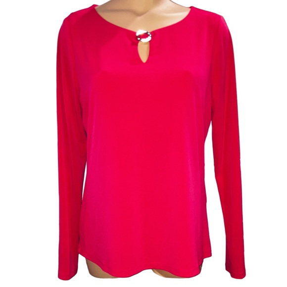 Calvin Klein Womens Top Cherry Red Silver Ring Boatneck Long Sleeves Sz Medium - Picture 7 of 7